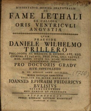 Dissertatio Medica Inavgvralis De Fame Lethali Ex Callosa Oris Ventricvli Angvstia