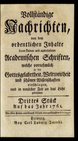 Drittes Stück. Auf das Jahr 1761