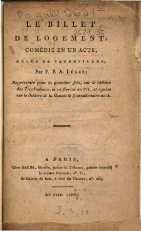 Le billet de logemont : Comédie en un acte, mêlée de vaudevilles