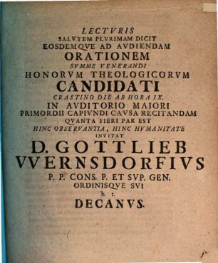 Lecturis S. P. D., eosdemque ad aud. orationem S. V. Cand. (J. A. Gleichii, de liturgiis orientalibus disputantis) ... invitat Gottlieb Wernsdorff