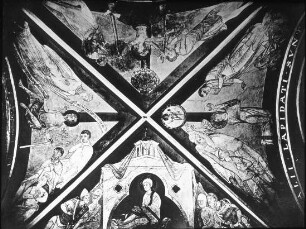 Brauweiler, ehem. Bendektinerabtei, Kapitelsaal, Wandmalerei, Nordwest-Joch: Martyrium des Isaias, Hiob, Petrus in vinculis, Stephanus, sog. weich fließender Stil