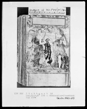 Stammbuch des Johannes Michael Weckherlin — Zwei weibliche allegorische Figuren, Temperantia und die Muse Melpomene?, Folio 291verso