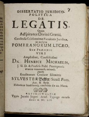 Dissertatio Iuridico-Politica De Legatis