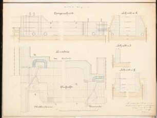 Flussregulierung Schinkelwettbewerb 1882: Obere Schleuse: Schnitte und Grundriss (1:100)