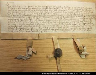 Der Balleier der Ordensprovinz Westfalen des Johanniterordens Bernt von Schedlike erhebt das Vorwerk Heiselhusen zur Kommende = OUB I, Nr. 574, S. 503 Anhängende Siegel 1 verloren, 2 beschädigt erhalten, 3 verloren