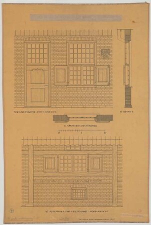 Rhedebrügge (Kreis Borken): Hof Pütter genannt Resing. - Tür im Haupthaus (Ostansicht). - Fenster im Haupthaus (Grundriss, Ostansicht, Schnitt). - Aufkammer- und Kellerwand im Haupthaus (Nordansicht)
