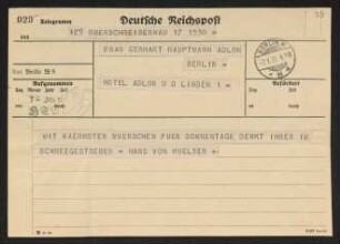 Brief von Hans von Hülsen an Margarete Hauptmann