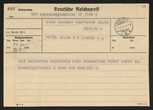 Brief von Hans von Hülsen an Margarete Hauptmann