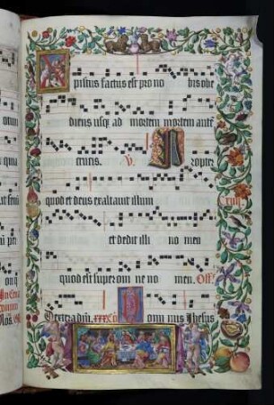Zierseite mit Bordürenrahmen, Initiale und Miniatur: Abendmahl Christi
