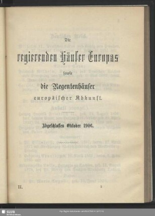 Die regierenden Häuser Europas sowie die Regentenhäuser europäischer Abkunft