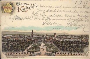 Postkartenalbum. "Gruss aus Karlsruhe". Schlossplatz und Innenstadt