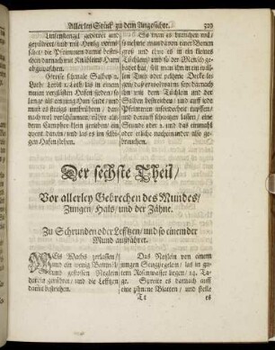Der sechste Theil, Vor allerley Gebrechen des Mundes, Zungen, Hals, und der Zähne.
