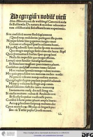 Ad egregium et nobilem virum dominum Hieronymum de Weiblingen canonicum ecclesie Basiliensis de natura et moribus advocatorum consistorialium Sebastiani Brant experientia.