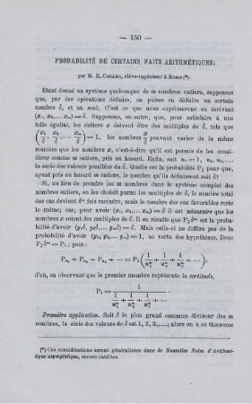 PROBABILITÉ DE CERTAINS FAITS ARITHMÉTIQUES.