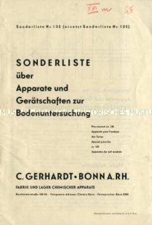 Sonderliste über Apparate und Gerätschaften zur Bodenuntersuchung