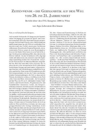 Zeitenwende - die Germanistik auf dem Weg vom 20. ins 21. Jahrhundert : Bericht über den IVG-Kongress 2000 in Wien