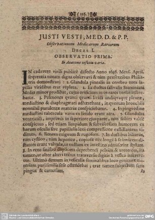 Justi Vesti, Med. D. et P. P. Observationum Medicarum Rariorum.