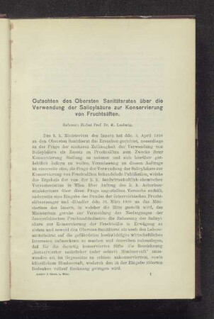 Gutachten des Obersten Sanitätsrates über die Verwendung der Salicylsäure zur Konservierung von Fruchtsäften.