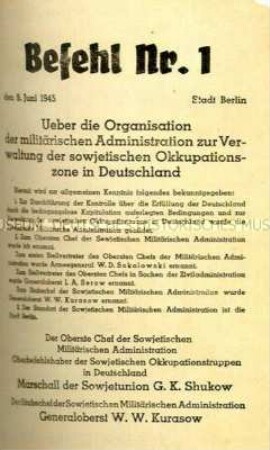 Maueranschlag mit dem Befehl Nr. 1 zur Organisation der militärischen Administration zur Verwaltung der sowjetischen Okkupationszone in Deutschland