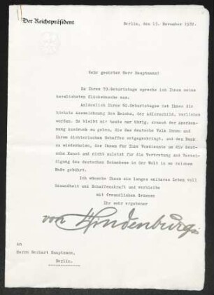 Brief von Paul von Hindenburg an Gerhart Hauptmann