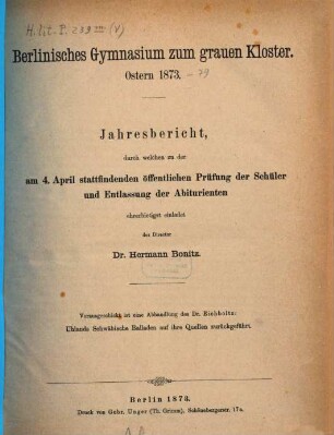 Jahresbericht über das Schuljahr .... 1873, Ostern
