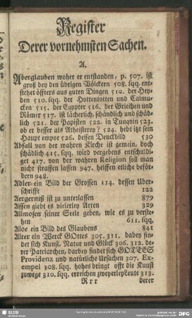 Register Derer vornehmsten Sachen