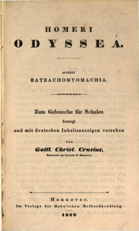 Odyssea : Accedit Batrachomyomachia