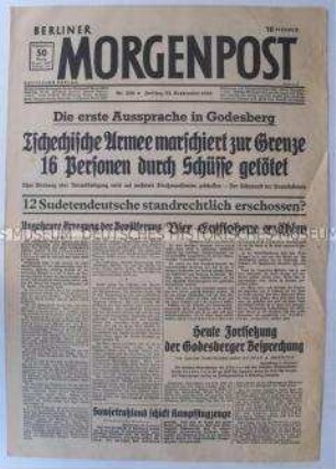 Tageszeitung "Berliner Morgenpost" zur Eskalation der Spannungen in der Tschechoslowakei und zu den Verhandlungen vor dem Münchener Abkommen