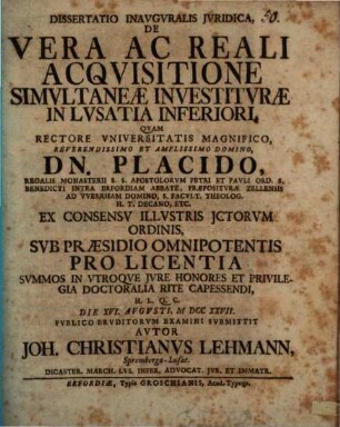 Diss. inaug. iur. de vera ac reali acquisitione simultaneae investiturae in Lusatia Inferiori