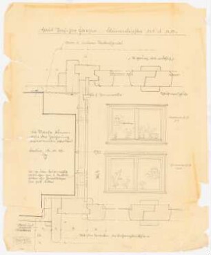 Haus Jansen, Berlin-Grunewald: Wohnzimmerfenster, Blumenfenster: horizontaler Schnitt 1:1, Aufriss Außen- und Innenfront 1:10