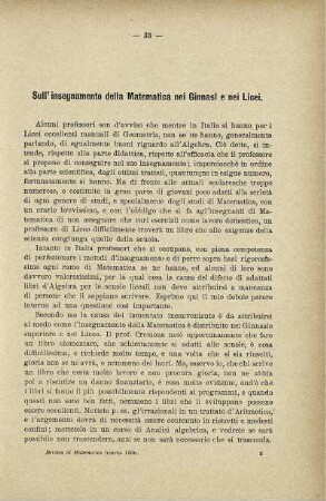 Sull'insegnamento della Matematica nei Ginnasi e nei Licei.