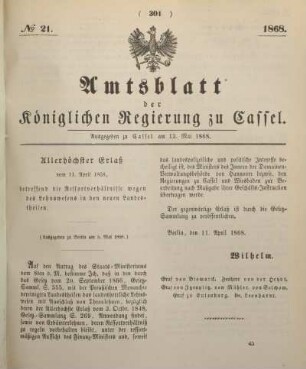 № 21. Ausgegeben zu Cassel am 13. Mai 1868.