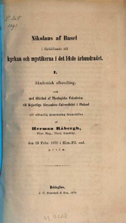 Nikolaus of Basel i főrhållande till kyrkan och mystikerna i det 14: de århundradet : Akademisk Afhandling, I
