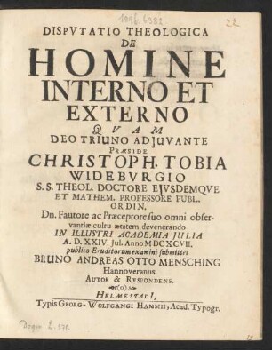 Disputatio Theologica De Homine Interno Et Externo