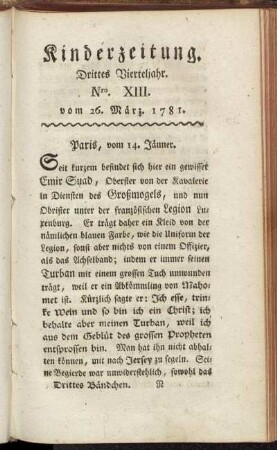 Kinderzeitung. Drittes Vierteljahr. Nro. XIII. vom 26. März. 1781.
