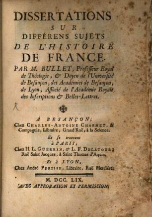 Dissertations sur differens sujets de l'histoire de France