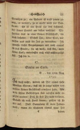 17. Sophie an Carln. B .. den 15ten May 1755.