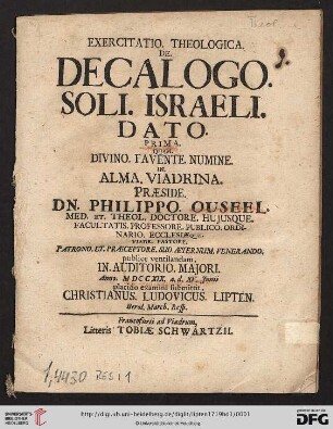1: Exercitatio. Theologica. De. Decalogo. Soli. Israeli. Dato. ...