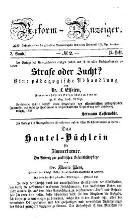 2: Die Reform : pädagogische Vierteljahrsschrift. Reform-Anzeiger - 2.1858