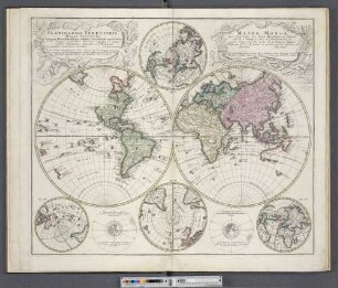 Planiglobii Terrestris Mappa Vniversalis, Utrumque Hemisphaerium Orient et Occidentale repraesentans : Ex IV. mappis generalibus Hasianis composita et adjectis ceteris hemisphaeriis designata a G. M. Lowizio. Excudentibus Homan[n]ianis Heredibus A. MDCCXXXXVI