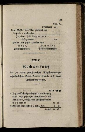 XXIV. Nachweisung der zu einem zweispännigen Registraturwagen erforderlichen Train- Attirail- Stücke und deren Anschaffungskosten