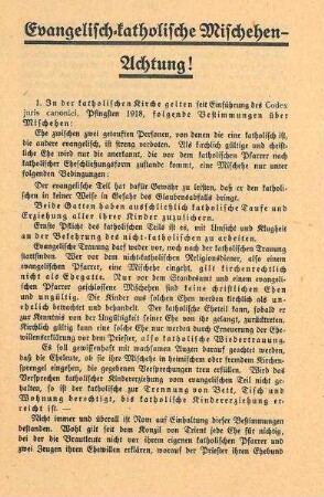 Merkblatt "Evangelisch-katholische Mischehen - Achtung!"