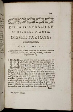 Della Generrazione Di Diverse Piante. Dissertazione.