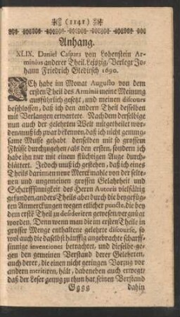 Anhang. XLIX. Daniel Caspars von Lohenstein Arminius anderer Theil. Leipzig ... 1690.