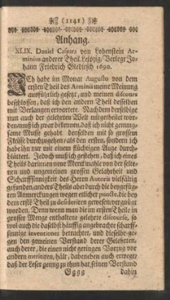 Anhang. XLIX. Daniel Caspars von Lohenstein Arminius anderer Theil. Leipzig ... 1690.