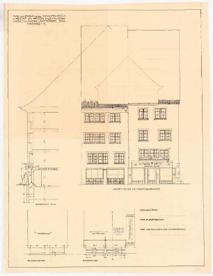 Einbau eines Schaufensters, Lindau: Schnitte, Ansicht, Grundrisse 1:50