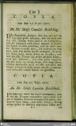 Copia von den 27. Sept: 1701