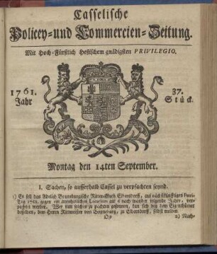 37. Stueck, Montag den 14ten September 1761
