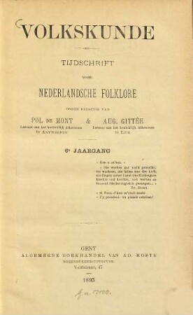 Volkskunde : tijdschrift over de cultuur van het dagelijks leven. 6. 1893