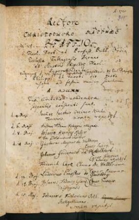 Sommerhalbjahr 1720. Rektorat Christoph Matthäus Pfaff